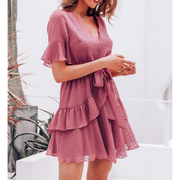 Berry Pink Swiss Dot Ruffle Flounce Hem Cute Dress - Picture 4 of 5